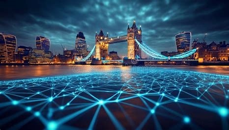 A futuristic cityscape skyline of a major UK tech hub at dusk, with digital light trails symbolizing innovation and connectivity.