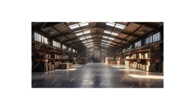 A modern UK warehouse interior with automated systems and neatly stacked inventory.